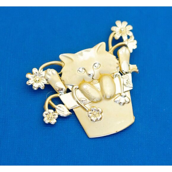 Vintage Flower Pot Pet Cat Gold Tone Unique Brooch - D2 - Picture 1 of 2